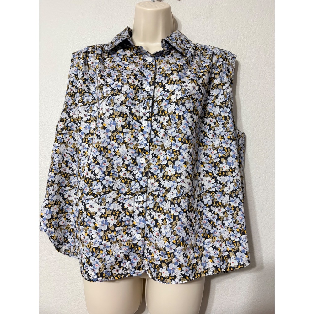 Levis Womens Cotton Floral Sleeveless Button Down Shirt Blue White Shirred M